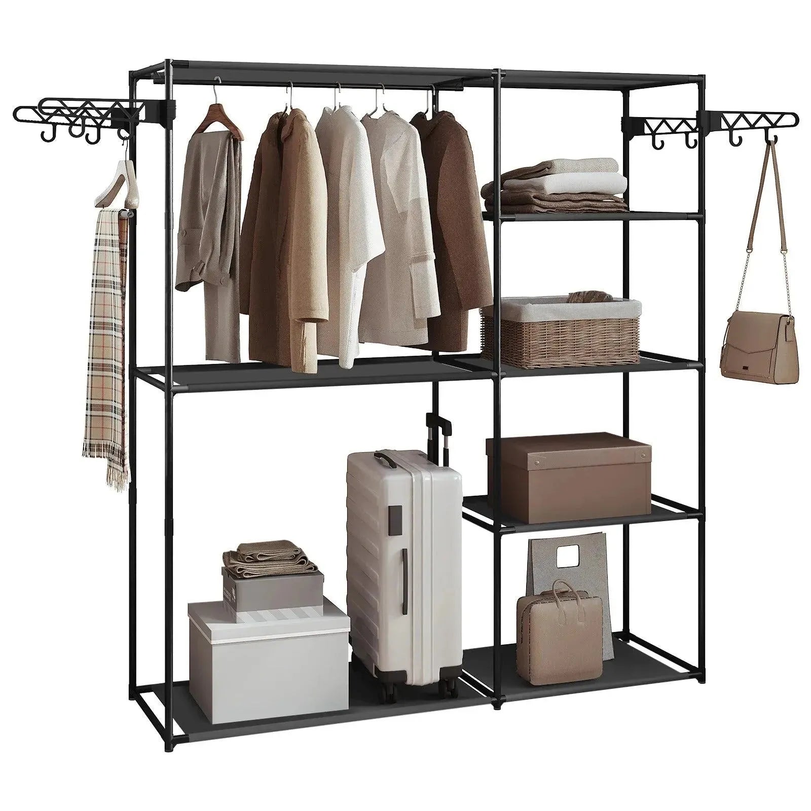 Feronza™ Zwart Kledingrek met 8 Opbergplanken, Hangstang en Haken voor Slaapkamer en Kledingkamer - Feronza